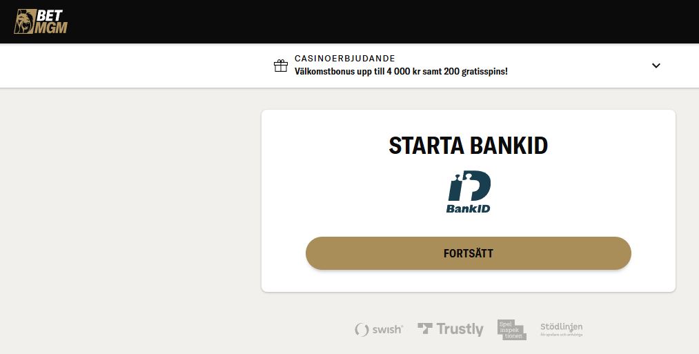 Starta BankID-inloggning hos BetMGM för att få välkomstbonus