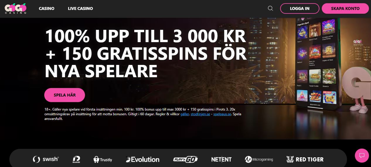 Få 100% bonus upp till 3000 kr och 150 gratissnurr hos GaGa Casino