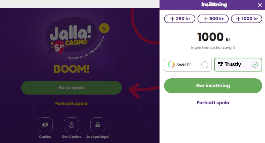 Gör snabb insättning med Trustly hos Jalla Casino