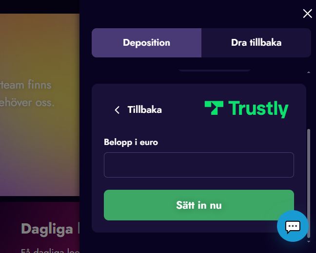 Gör en snabb Trustly-insättning direkt i kasinots kassapopup utan att lämna sidan