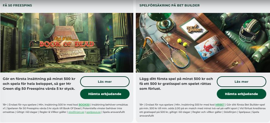 Hämta MrGreen välkomstbonus med 50 gratissnurr på Book of Dead vid första insättning 